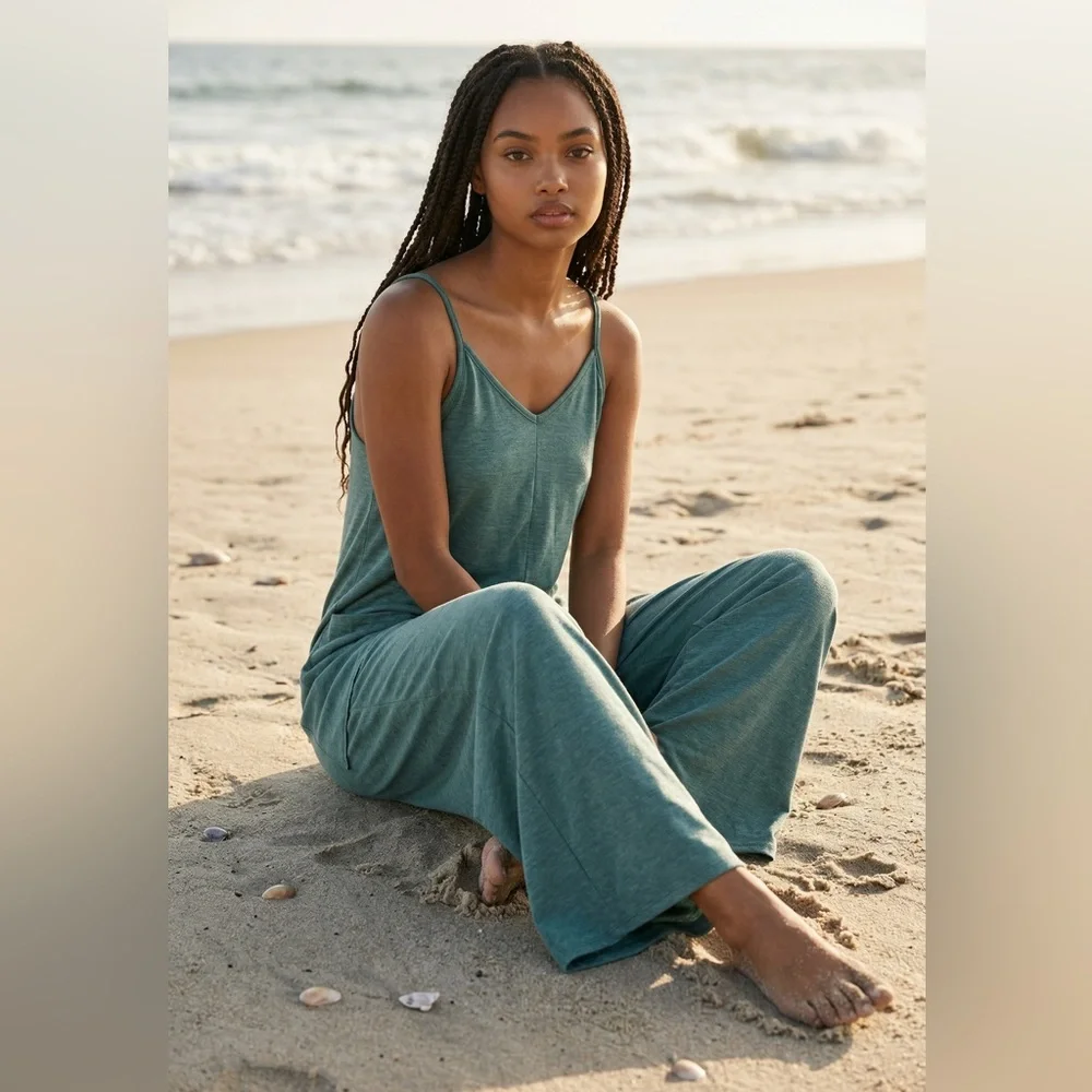 Sleeveless V-Neck Wide-Leg Jumpsuit in Teal - Picture 2 of 8